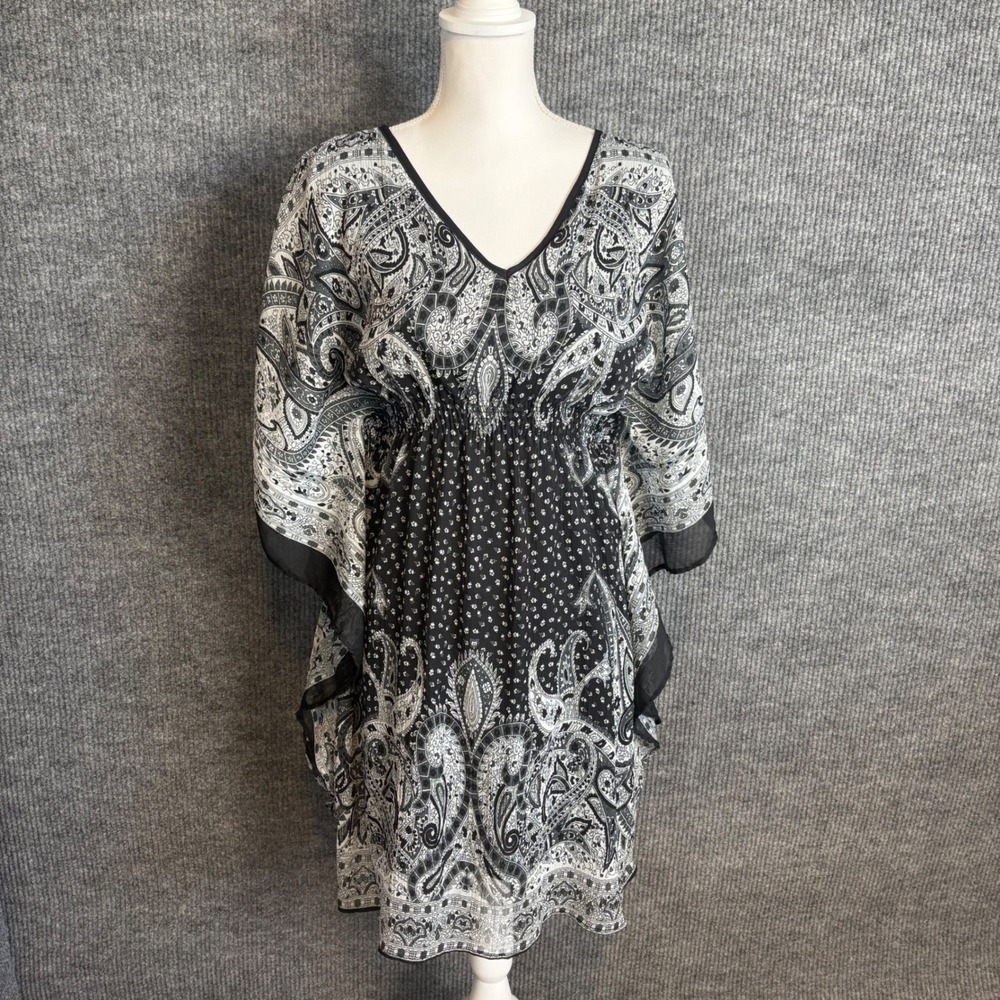 Speed Control New York Paisley Kaftan Tunic Dress Black White Smocked Waist M